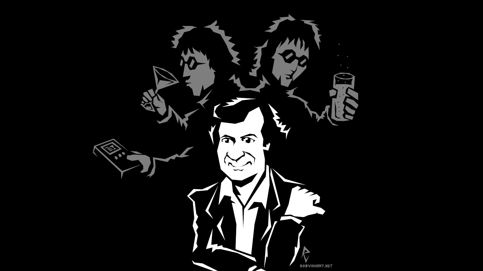 Stylized illustrated portrait of Douglas Adams sticking out his thumb hitchhiker-style as, behind him, two-headed three-armed Zaphod Beeblebrox drinks two drinks while pondering an entry in the Hitch-Hiker's Guide to the Galaxy.