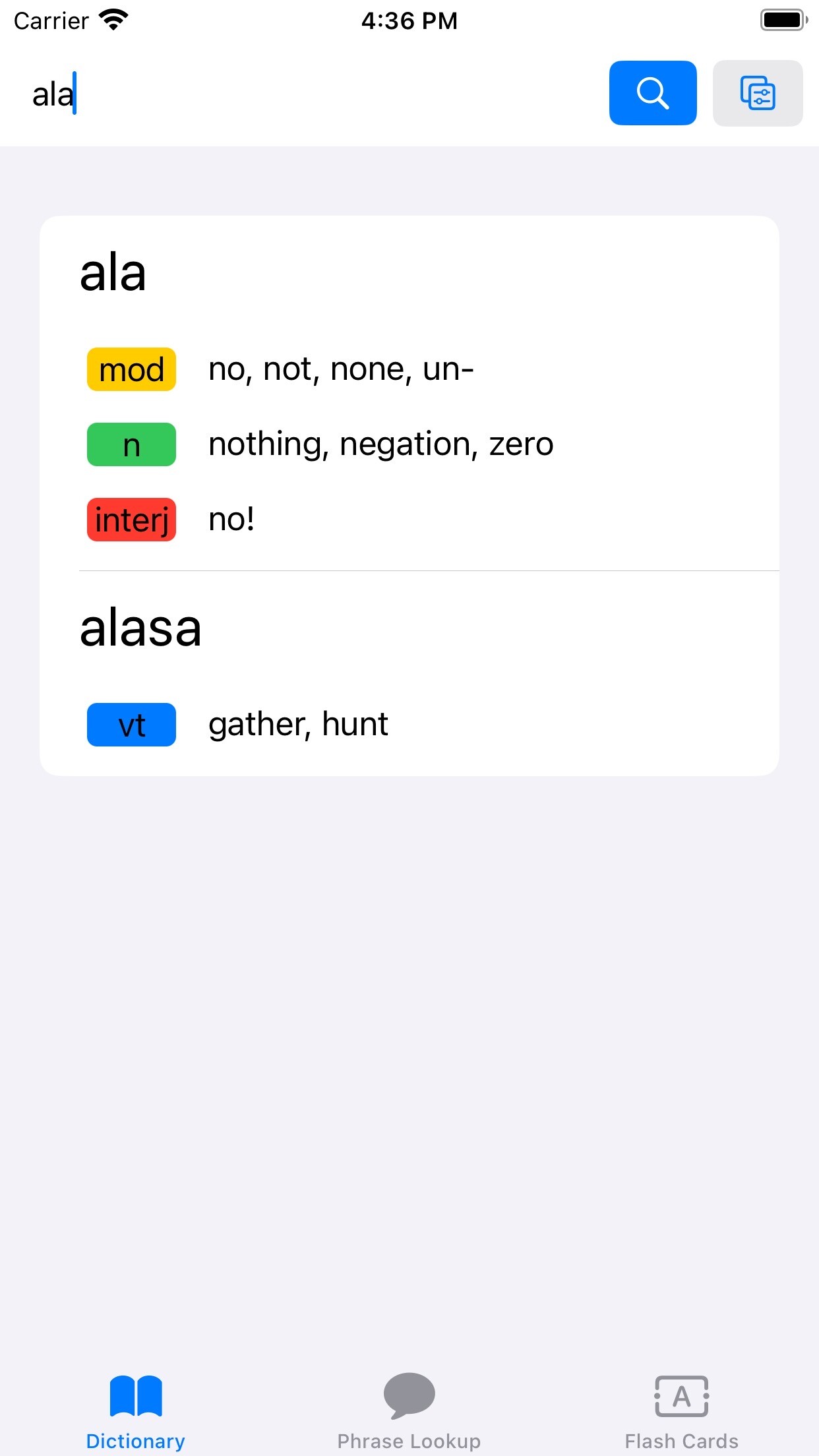 Screenshot of Toki Trainer for iOS, showing the dictionary lookup UI