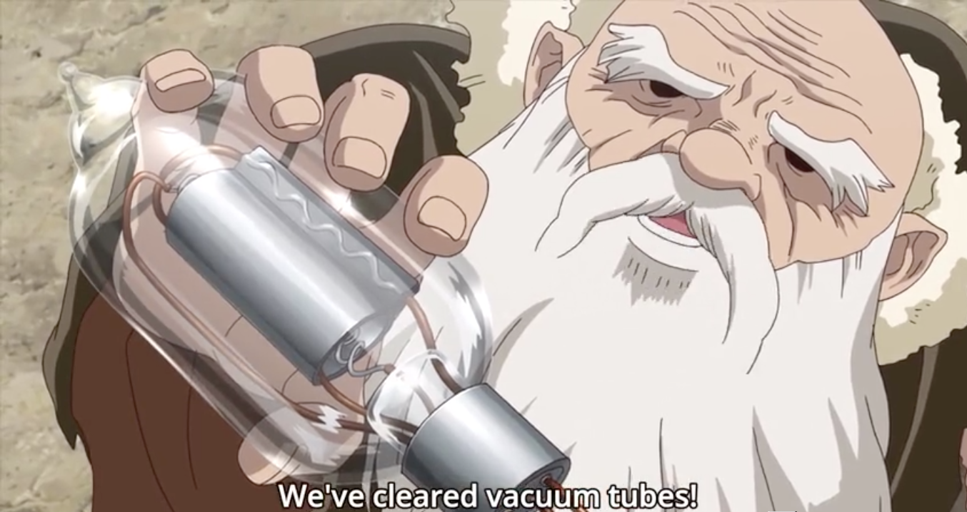 Scene from Dr. Stone where the old craftsman manages - after a painstaking process - to produce a vacuum tube, with wires and everything.