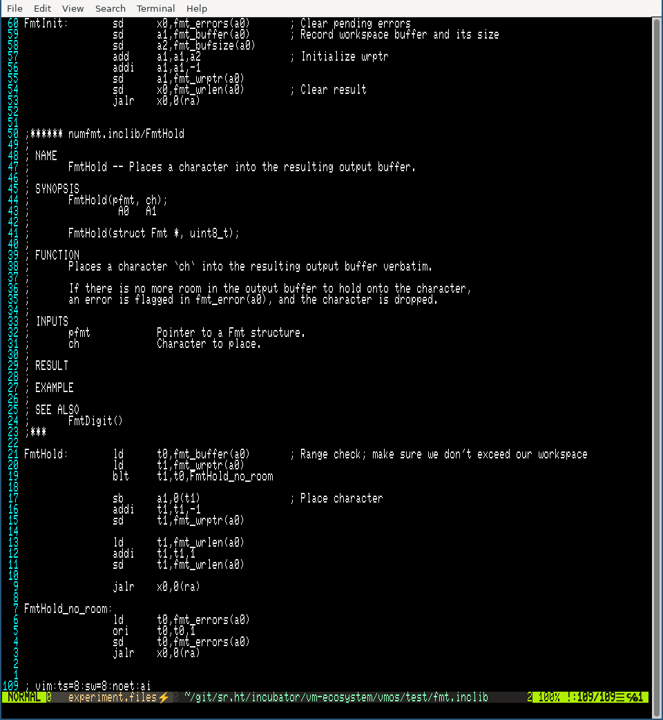 A screenshot of my text editor, editing a file called `fmt.inclib`.  The assembly listing shows the definition of the `FmtHold` function, along with its auto-documentation comment header.  The auto-documentation follows the Commodore-Amiga autodocs schema and conventions, except that the CPU registers describe RISC-V registers instead of PowerPC or 68K.