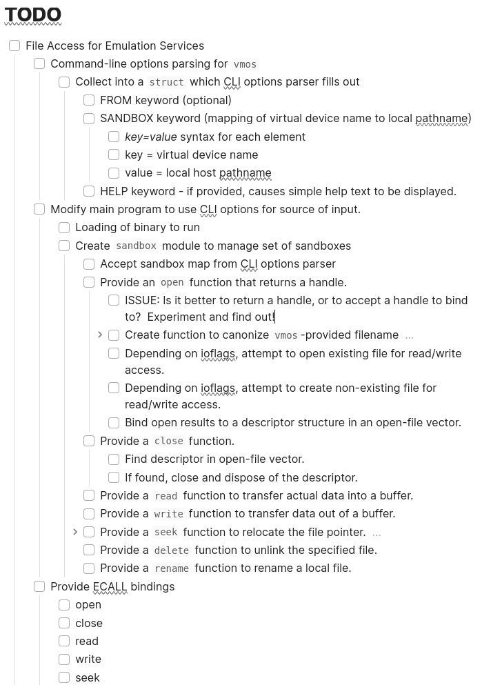 A page from my Obsidian notes related to VM/OS.  This TODO item is nested several layers deep, using checkboxes to indicate which items are complete.  The list of items runs off the bottom of the page.