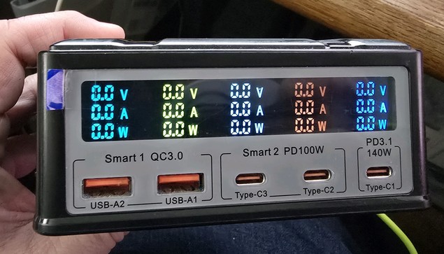 photo of the front panel of a very complex USB charger, showing multiple ports with power output diagnostic displays. The ports are broken down into various groupings shown on the front panel, with the highest output port being a group of only one (itself).